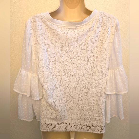 EUC Kensie White Lace Women's Top With Layered Sleeves - Picture 6 of 6